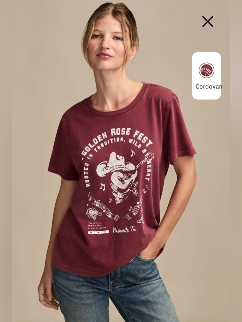 NWT Lucky Brand "Golden Rose Fest" Graphic T,Women's Large, Burgundy,Nashville